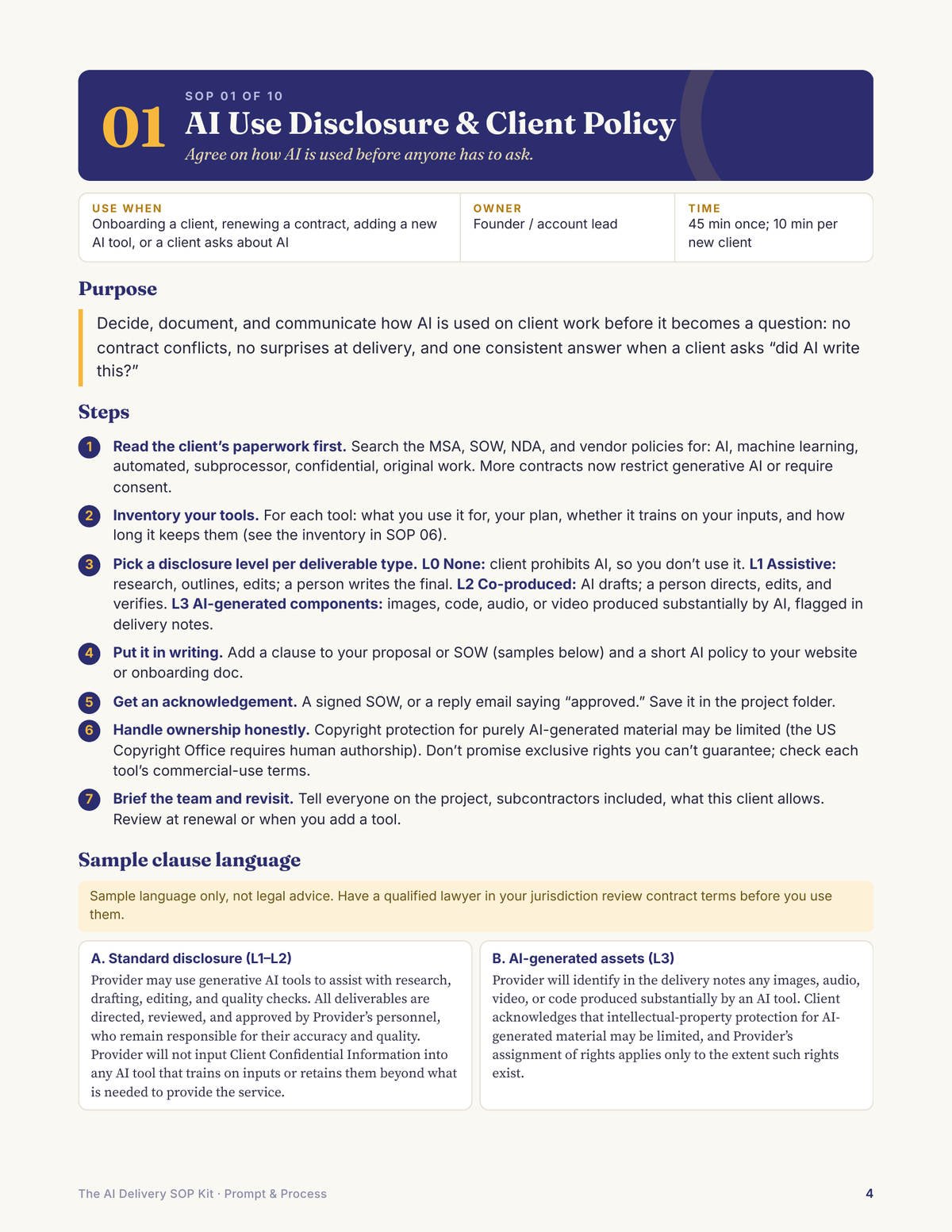The AI Delivery SOP Kit: Checklists for Shipping AI-Assisted Work Clients Trust