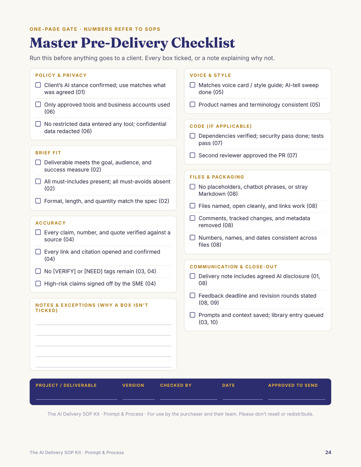 The AI Delivery SOP Kit: Checklists for Shipping AI-Assisted Work Clients Trust